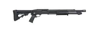 Pump action 12 gauge shotgun with ambidextrous safety and standoff barrel.
